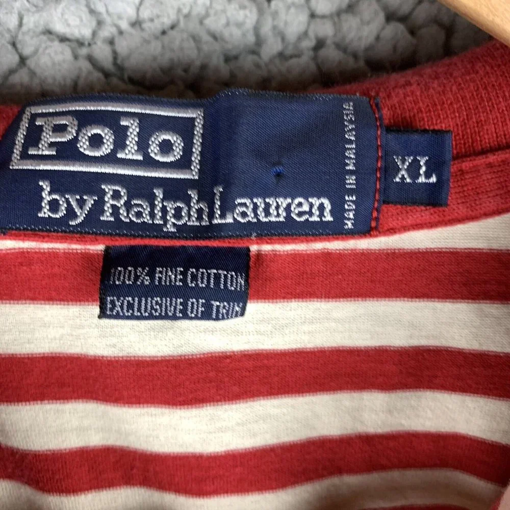 Vintage Polo Ralph Lauren Polo Shirt Mens XL100%‎ Fine Cotton Red White Striped